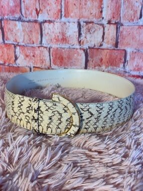 Morgan Taylor Cream Snake-Print Leather Belt with Curved Buckle